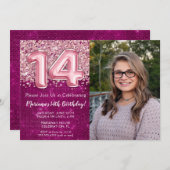 フォトガールマゼンタピンクグリッター14誕生日 招待状 (正面/裏面)