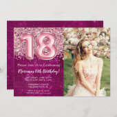 フォトガールマゼンタピンクグリッター18誕生日 招待状 (正面/裏面)