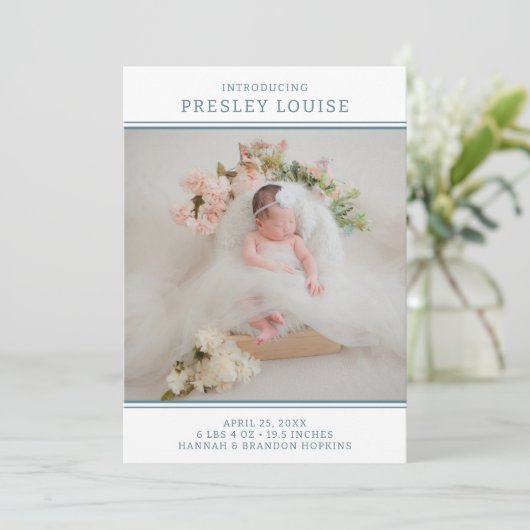 フォトガールモダンティール（緑がかった色）誕生発表 招待状 (スタンド正面)