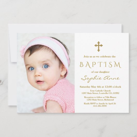 フォトガールモダン金ゴールドクロスバプテスマ 招待状 (正面)