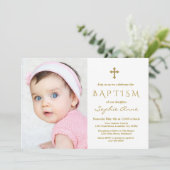 フォトガールモダン金ゴールドクロスバプテスマ 招待状 (スタンド正面)