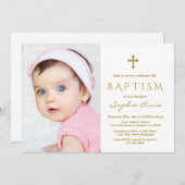 フォトガールモダン金ゴールドクロスバプテスマ 招待状 (正面/裏面)