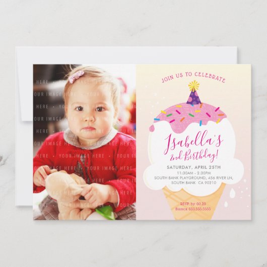 フォトキッズパーティー招待状レトロアイスクリームコーンピンク 招待状 (正面)