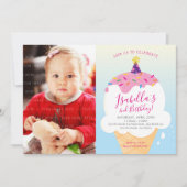 フォトキッズパーティー招待状レトロアイスクリームコーンブルー 招待状 (正面)