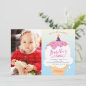 フォトキッズパーティー招待状レトロアイスクリームコーンブルー 招待状 (スタンド正面)