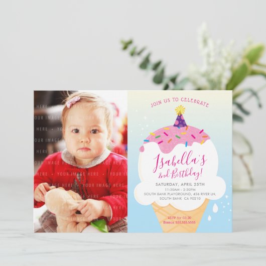 フォトキッズパーティー招待状レトロアイスクリームコーンブルー 招待状 (スタンド正面)