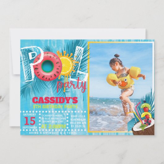 フォトキッズプールパーティー誕生日 招待状 (正面)