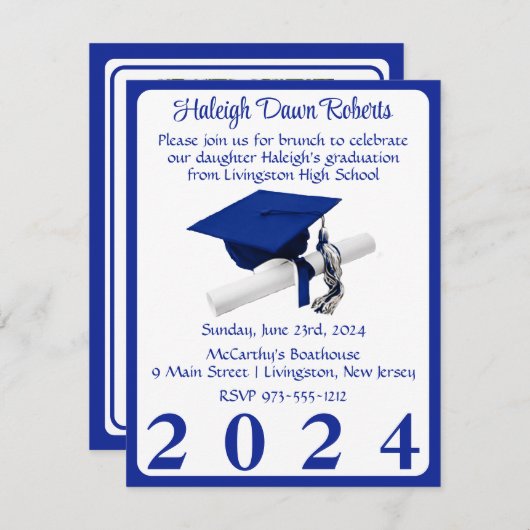 フォトキャップ&ディプロマ王室のブルー卒業 招待状 (正面/裏面)