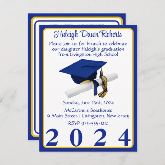 フォトキャップ&ディプロマ王室のブルー&金ゴールド卒業 招待状 (正面/裏面)