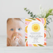 フォトキュートサンカラフルレトロ波型1回目の誕生日 招待状 (スタンド正面)