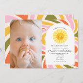 フォトキュートサンカラフルレトロ波型1回目の誕生日 招待状 (正面/裏面)