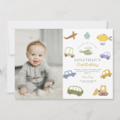 フォトキュートパステルカートラック飛行機ロケット誕生日 招待状 (正面)
