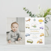 フォトキュートパステルカートラック飛行機ロケット誕生日 招待状 (スタンド正面)