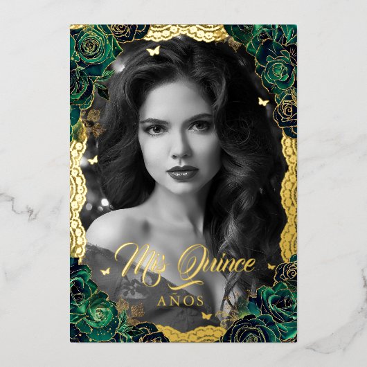 フォトキンセアニェラエメラルドバラ金ゴールドレース 箔招待状 (正面)