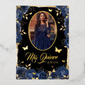 フォトキンセアニェラネイビーブルー金ゴールドバラ蝶 箔招待状 (正面)