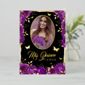 フォトキンセアニェラパープル金ゴールドバラ蝶 箔招待状 (立ち正面)