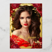フォトキンセアニェラレッドローズ金ゴールドレース誕生日 箔招待状 (正面)