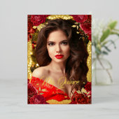 フォトキンセアニェラレッドローズ金ゴールドレース誕生日 箔招待状 (立ち正面)