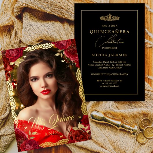 フォトキンセアニェラレッドローズ金ゴールドレース誕生日 箔招待状