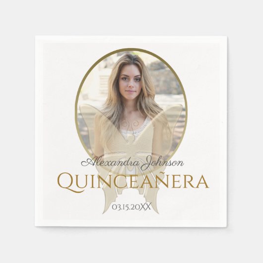 フォトキンセアニェラ15誕生日金ゴールド蝶 スタンダードカクテルナプキン (正面)