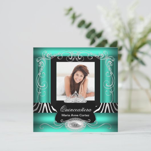 フォトキンセアニェラ15th誕生日ジェイドティール（緑がかった色）ゼブラ 招待状 (スタンド正面)