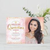 フォトキンセアニラ赤面ピンク金ゴールドグリッターティアラ 招待状 (スタンド正面)