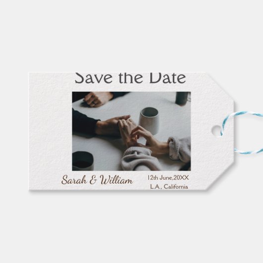 フォトクラシックエレガント白結婚タイポグラフィモダン ギフトタグ (正面(横))