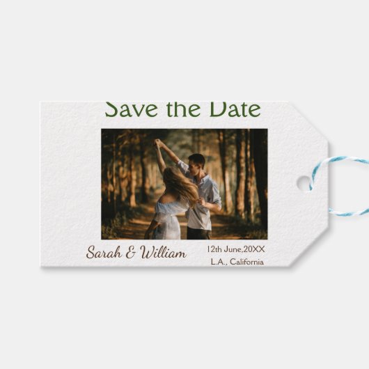 フォトクラシックエレガント白結婚タイポグラフィモダン ギフトタグ (正面(横))