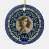 フォトクラシック金ゴールドダマスク記念ダークブルー セラミックオーナメント (正面)