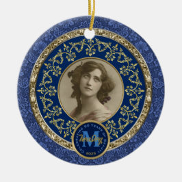 フォトクラシック金ゴールドダマスク記念ダークブルー セラミックオーナメント