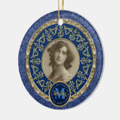 フォトクラシック金ゴールドダマスク記念ダークブルー セラミックオーナメント (左)