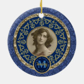 フォトクラシック金ゴールドダマスク記念ダークブルー セラミックオーナメント (裏面)