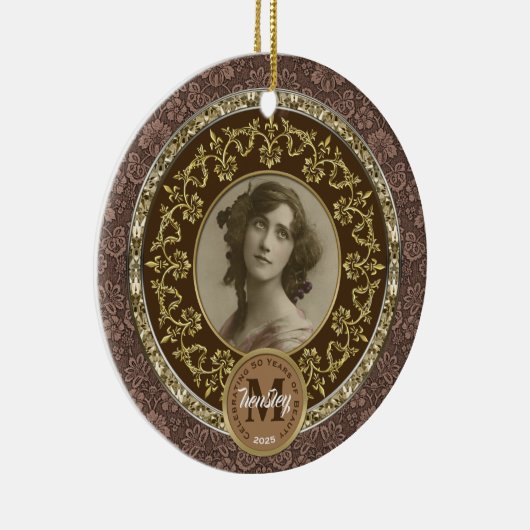フォトクラシック金ゴールドダマスク記念チョコレート セラミックオーナメント (右)