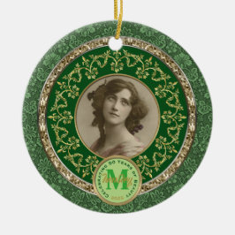 フォトクラシック金ゴールドダマスク記念緑 セラミックオーナメント