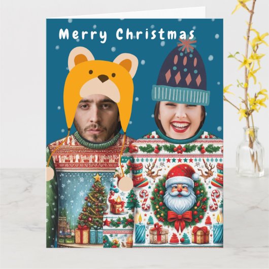 フォトクリおもしろいスパーソナライズされたスマスジャンパー カード (黄色い花)