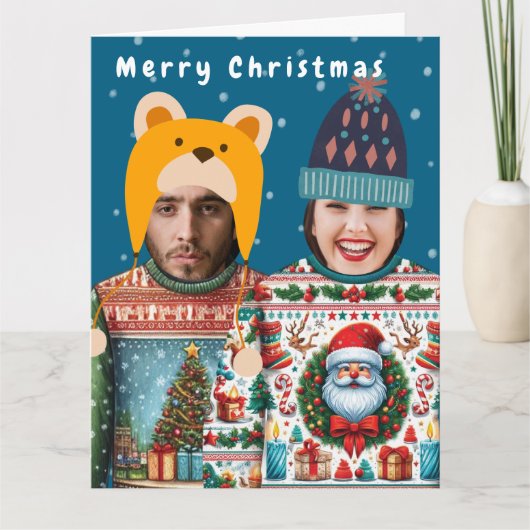 フォトクリおもしろいスパーソナライズされたスマスジャンパー カード (正面)