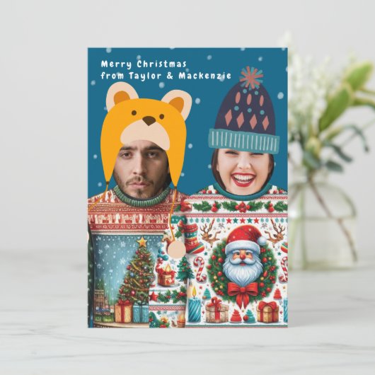 フォトクリおもしろいスパーソナライズされたスマスジャンパ シーズンカード (スタンド正面)