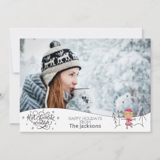 フォトクリスマスとホットチョコレートの天気の冬 シーズンカード (正面)