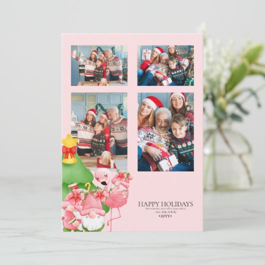 フォトクリスマスウォーターカラーピンクと緑のトロピカル 案内状 (スタンド正面)