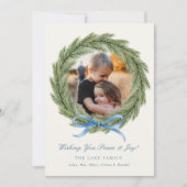 フォトクリスマスカード水彩リースブルーボウ シーズンカード (正面)