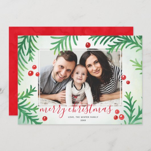 フォトクリスマスカード |赤クラシックと緑 シーズンカード (正面/裏面)