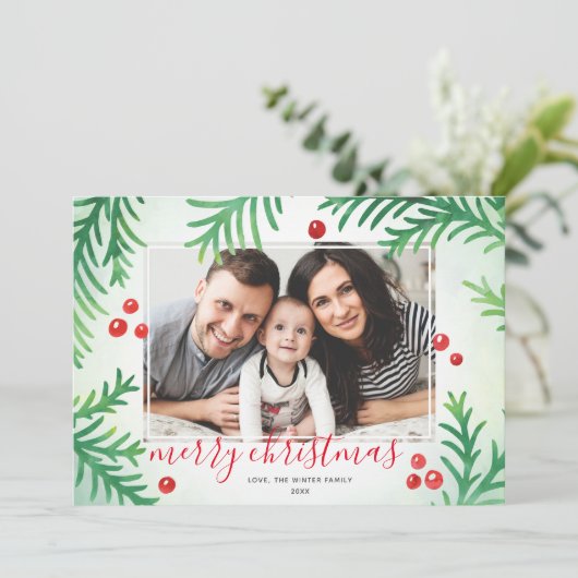 フォトクリスマスカード |赤クラシックと緑 シーズンカード (スタンド正面)