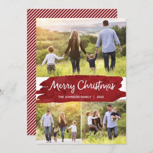 フォトクリスマスカード(3枚の写真付き、赤) シーズンカード (正面/裏面)