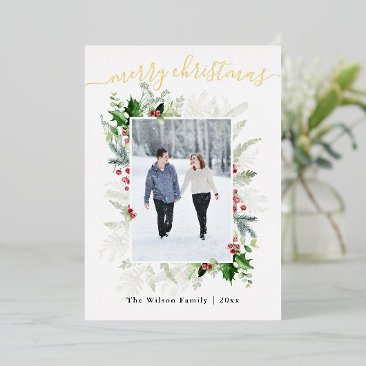 フォトクリスマスグリーンの挨拶 箔シーズンカード (立ち正面)