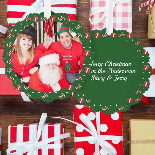 フォトクリスマスサンタキャンディーケーンネームグリーン紙 オーナメントカード