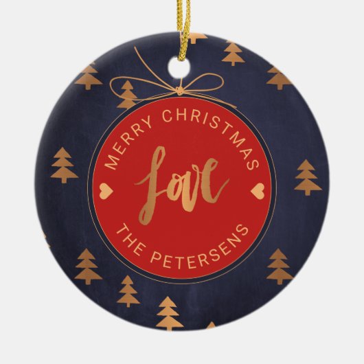 フォトクリスマスデコールJoy Loveネイビーブルーカスタム セラミックオーナメント (正面)