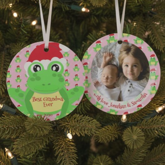 フォトクリスマスピンクのカエル可愛いサンタハットパターン オーナメント