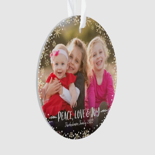 フォトクリスマスピースラブジョイ金ゴールドスノーフレークはっきりした オーナメント (正面)