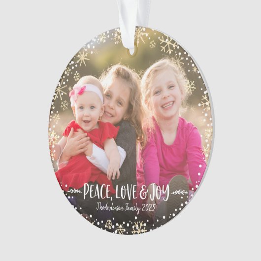 フォトクリスマスピースラブジョイ金ゴールドスノーフレークはっきりした オーナメント (正面)