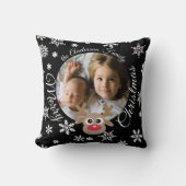 フォトクリスマスブラックかわいいトナカイの白いスクリプト クッション (正面)